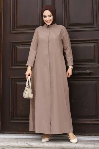 Boydan Gizli Düğmeli Çizgili Ferace TSD240222 Vizon 