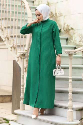Boydan Gizli Düğmeli Çizgili Ferace TSD240222 Yeşil 