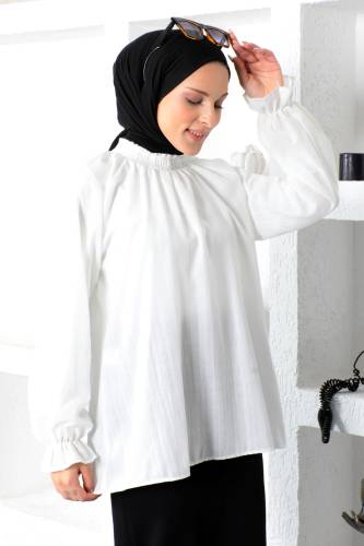 Boyunu Gipe Lastikli Bluz TSD221205 Ekru - 2