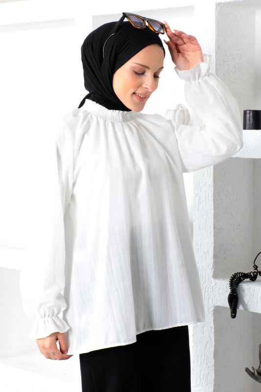 Boyunu Gipe Lastikli Bluz TSD221205 Ekru - 2