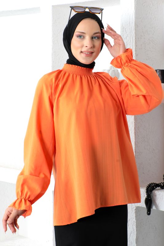 Boyunu Gipe Lastikli Bluz TSD221205 Turuncu - Tesettür Dünyası