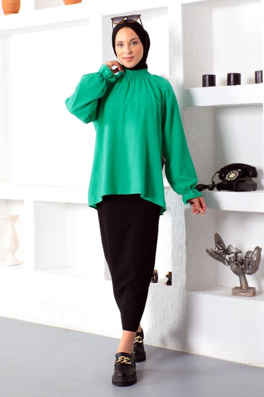 Boyunu Gipe Lastikli Bluz TSD221205 Yeşil - Tesettür Dünyası (1)