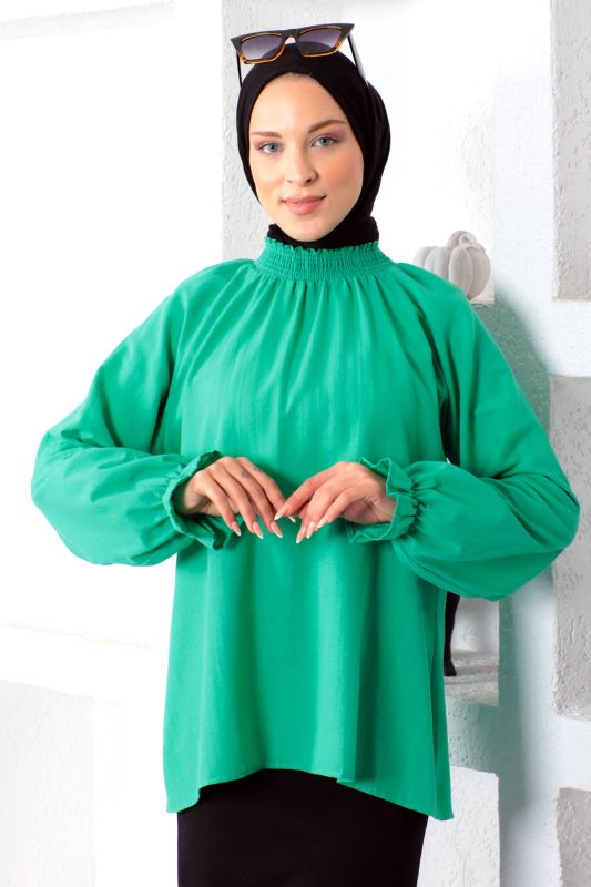 Boyunu Gipe Lastikli Bluz TSD221205 Yeşil - Tesettür Dünyası