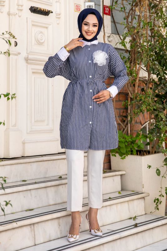 Broş Detaylı Beli İpli Çizgili Gömlek TSD240514 Antrasit - 3