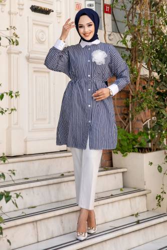 Broş Detaylı Beli İpli Çizgili Gömlek TSD240514 Antrasit - 1