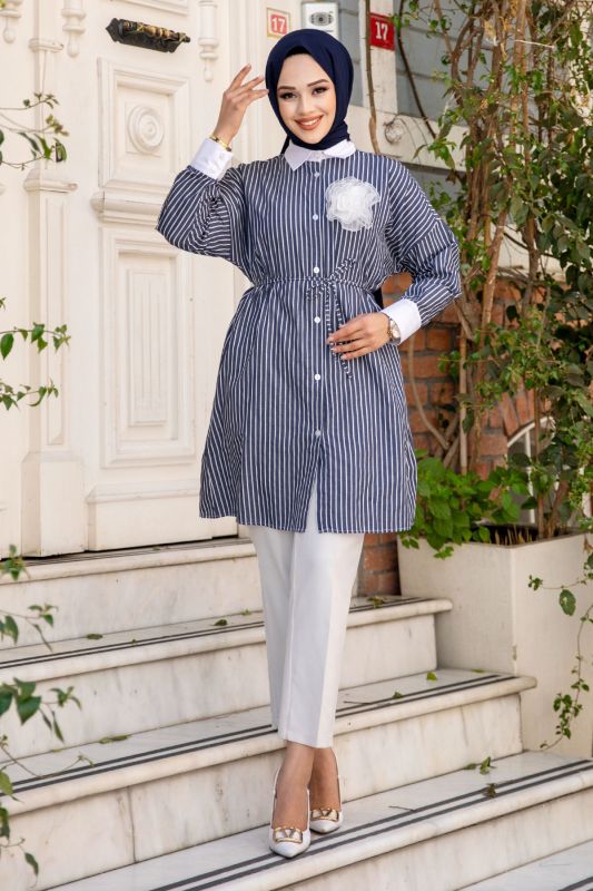 Broş Detaylı Beli İpli Çizgili Gömlek TSD240514 Antrasit - 1