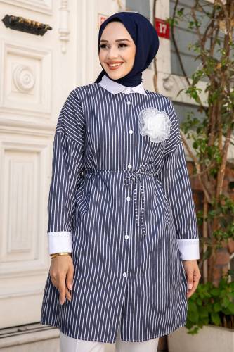 Broş Detaylı Beli İpli Çizgili Gömlek TSD240514 Antrasit - 2