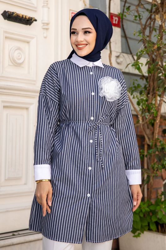 Broş Detaylı Beli İpli Çizgili Gömlek TSD240514 Antrasit - 2