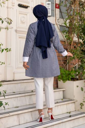 Broş Detaylı Beli İpli Çizgili Gömlek TSD240514 Antrasit - 5