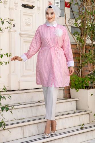 Broş Detaylı Beli İpli Çizgili Gömlek TSD240514 Pembe 