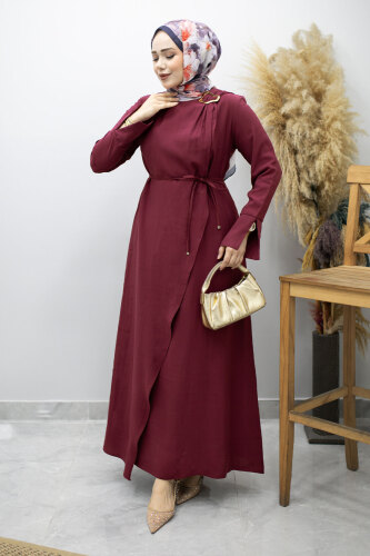 Broş Detaylı Kuşaklı Elbise TSD260198 Fuşya - Tesettür Dünyası