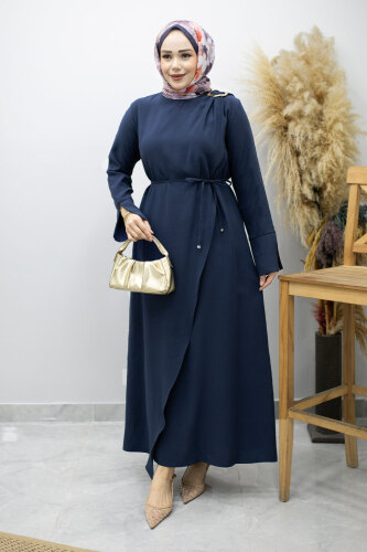 Broş Detaylı Kuşaklı Elbise TSD260198 Lacivert - Tesettür Dünyası