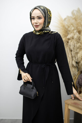 Broş Detaylı Kuşaklı Elbise TSD260198 Siyah - Tesettür Dünyası (1)