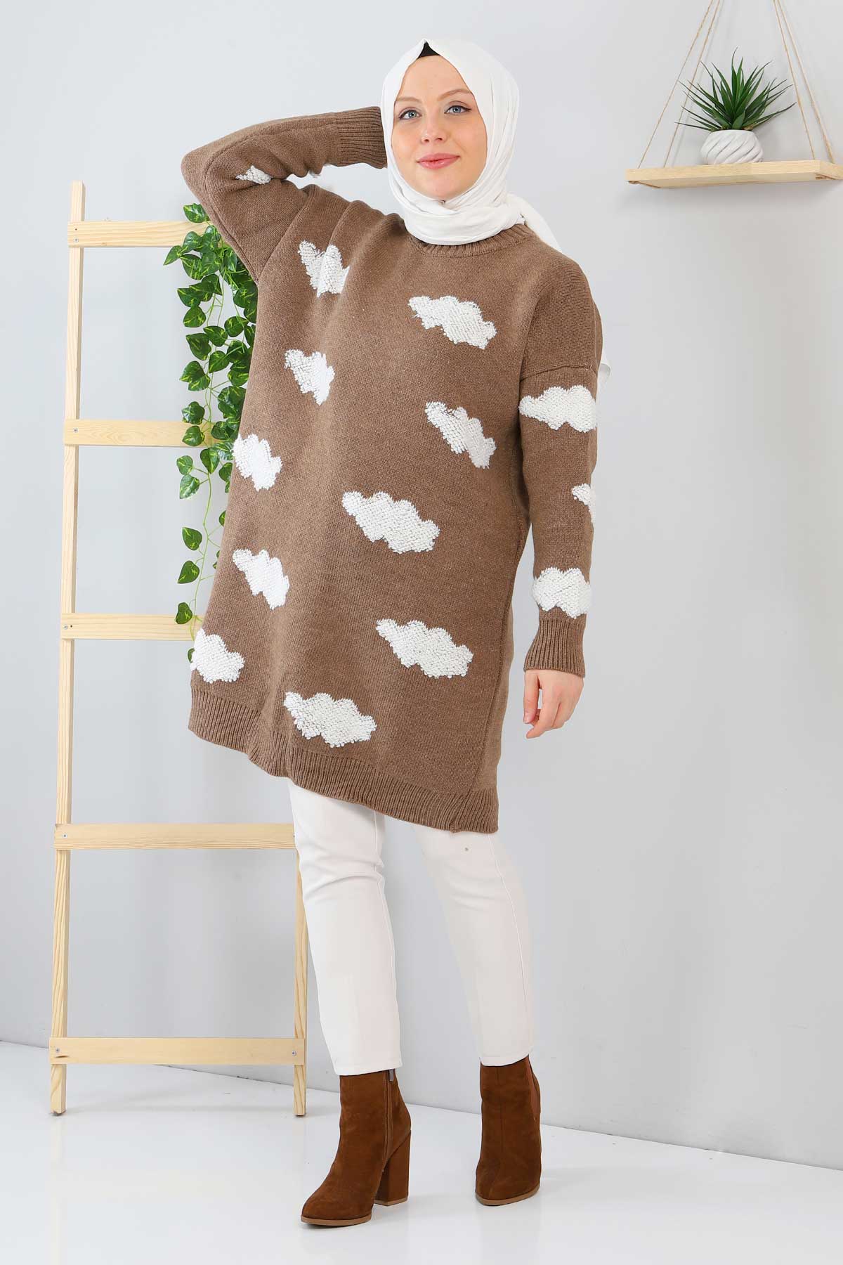 Tesettür Dünyası - Cloud Patterned Knitwear Tunic TSD211234 Brown