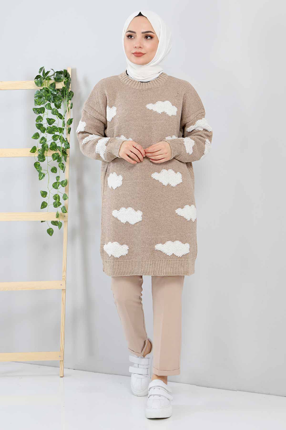 Tesettür Dünyası - Cloud Patterned Knitwear Tunic TSD211234 Mink