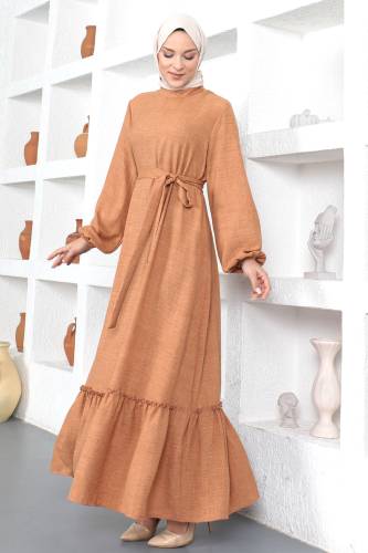 Büyük Beden Beli Bağlamalı Elbise TSD230358 Tarçın 