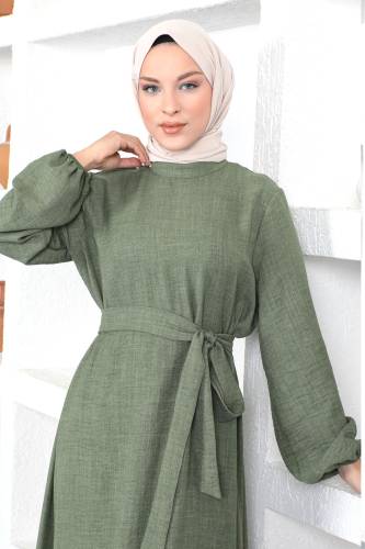 Büyük Beden Beli Bağlamalı Elbise TSD230358 Yeşil - Tesettür Dünyası (1)