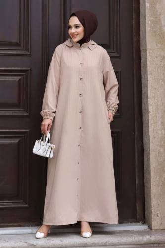 Büyük Beden Çıkarılabilir Kapüşonlu Boydan Düğmeli Ferace TSD240219 Bej 