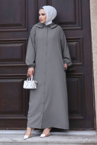 Büyük Beden Çıkarılabilir Kapüşonlu Boydan Düğmeli Ferace TSD240219 Gri 