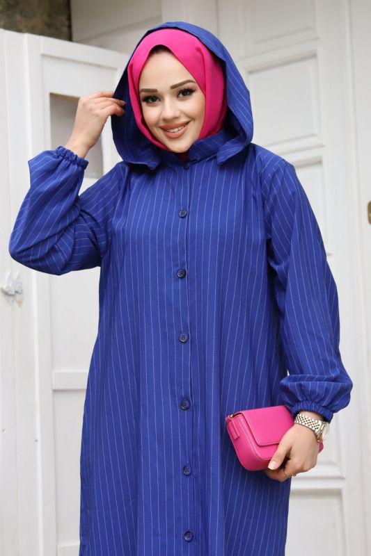 Büyük Beden Çıkarılabilir Kapüşonlu Boydan Düğmeli Ferace TSD240219 Saks Mavisi - Tesettür Dünyası (1)
