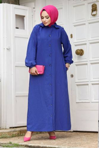 Büyük Beden Çıkarılabilir Kapüşonlu Boydan Düğmeli Ferace TSD240219 Saks Mavisi 