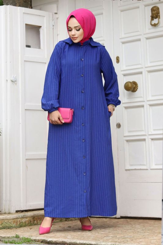 Büyük Beden Çıkarılabilir Kapüşonlu Boydan Düğmeli Ferace TSD240219 Saks Mavisi - Tesettür Dünyası