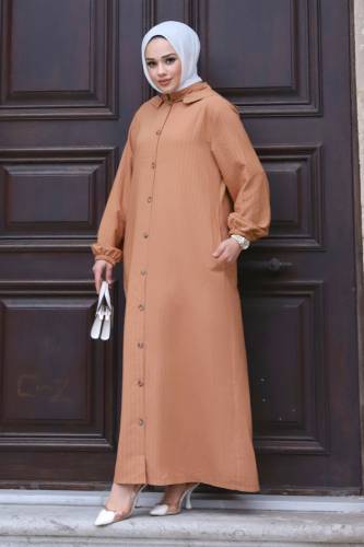 Büyük Beden Çıkarılabilir Kapüşonlu Boydan Düğmeli Ferace TSD240219 Taba 