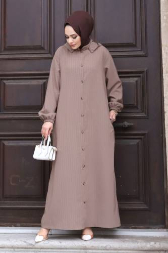 Büyük Beden Çıkarılabilir Kapüşonlu Boydan Düğmeli Ferace TSD240219 Vizon 