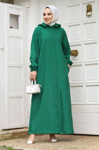 Büyük Beden Çıkarılabilir Kapüşonlu Boydan Düğmeli Ferace TSD240219 Yeşil 
