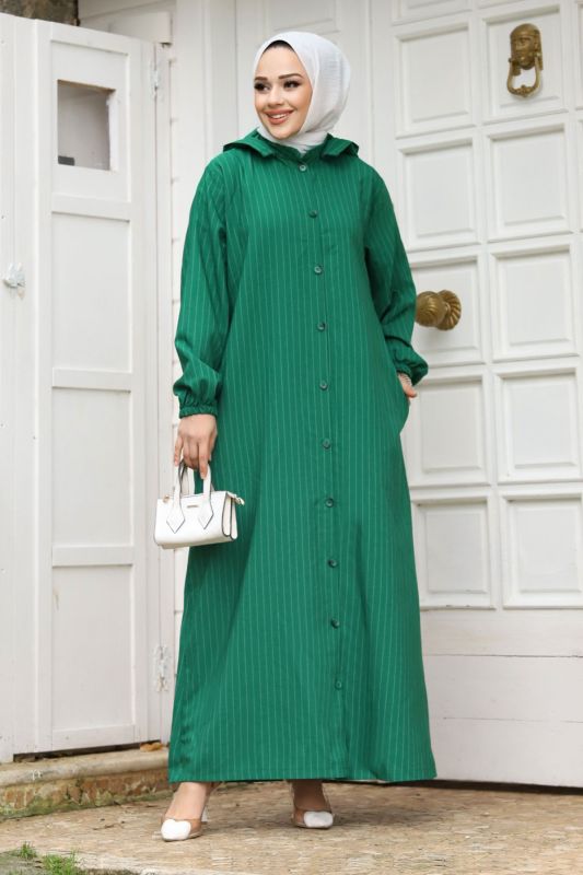 Büyük Beden Çıkarılabilir Kapüşonlu Boydan Düğmeli Ferace TSD240219 Yeşil - Tesettür Dünyası