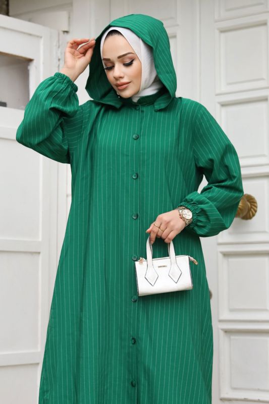 Büyük Beden Çıkarılabilir Kapüşonlu Boydan Düğmeli Ferace TSD240219 Yeşil - Tesettür Dünyası (1)