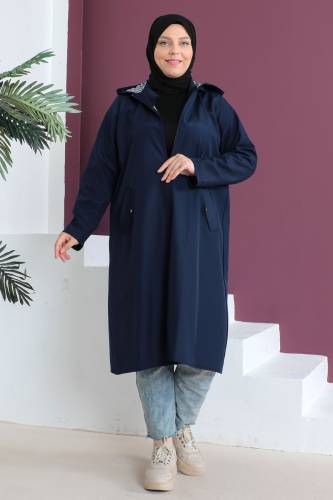 Büyük Beden Kapüşonlu Trençkot TSD230503 Lacivert 