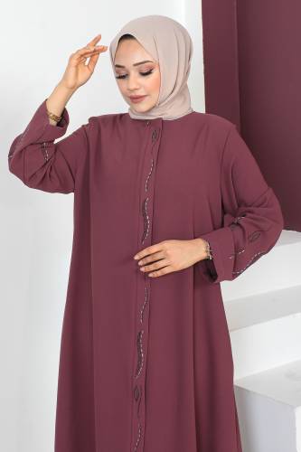Büyük Beden Kolu İşlemeli Tesettür Ferace TSD230609 Gül Kurusu - 2