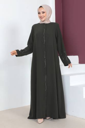 Büyük Beden Kolu İşlemeli Tesettür Ferace TSD230609 Haki 