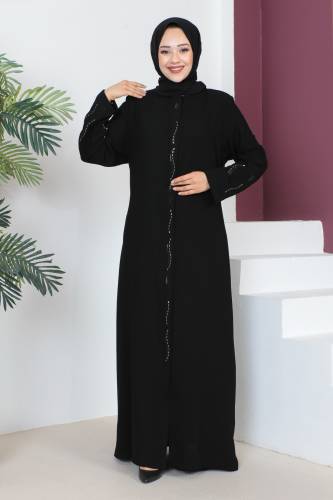 Büyük Beden Kolu İşlemeli Tesettür Ferace TSD230609 Siyah 
