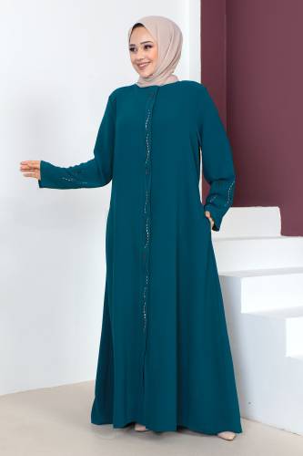 Büyük Beden Kolu İşlemeli Tesettür Ferace TSD230609 Zümrüt Yeşili 