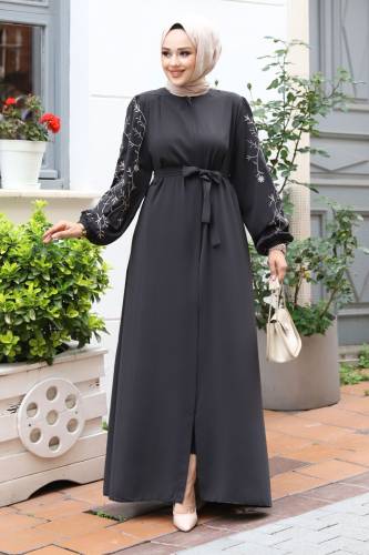 Büyük Beden Kolu Nakış İşlemeli Tesettür Ferace TSD240120 Antrasit 