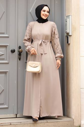 Büyük Beden Kolu Nakış İşlemeli Tesettür Ferace TSD240120 Bej 