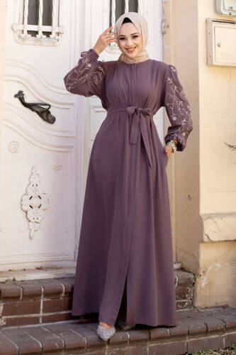 Büyük Beden Kolu Nakış İşlemeli Tesettür Ferace TSD240120 Gül Kurusu 