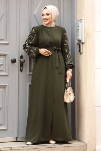Büyük Beden Kolu Nakış İşlemeli Tesettür Ferace TSD240120 Haki 