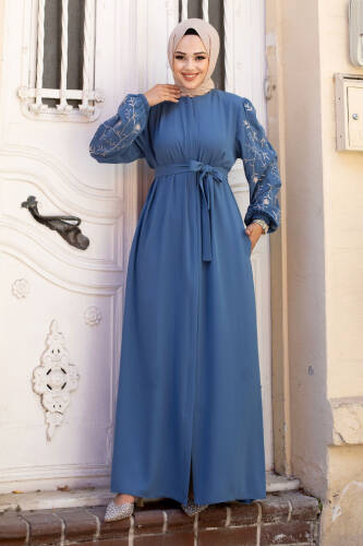 Büyük Beden Kolu Nakış İşlemeli Tesettür Ferace TSD240120 İndigo 