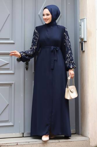 Büyük Beden Kolu Nakış İşlemeli Tesettür Ferace TSD240120 Lacivert 