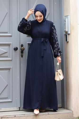 Büyük Beden Kolu Nakış İşlemeli Tesettür Ferace TSD240120 Lacivert - 3