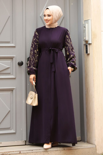 Büyük Beden Kolu Nakış İşlemeli Tesettür Ferace TSD240120 Mürdüm 