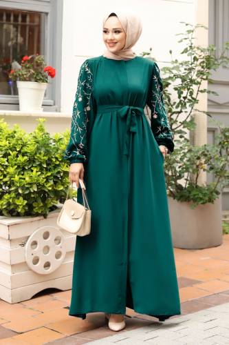 Büyük Beden Kolu Nakış İşlemeli Tesettür Ferace TSD240120 Petrol 