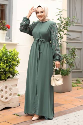 Büyük Beden Kolu Nakış İşlemeli Tesettür Ferace TSD240120 Mint Yeşili - 4