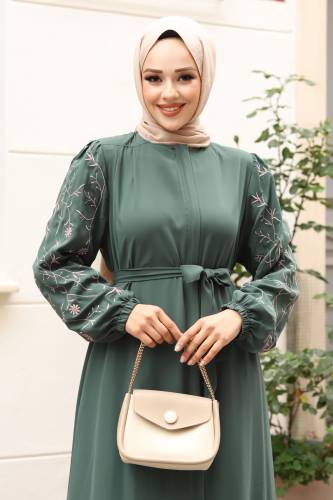 Büyük Beden Kolu Nakış İşlemeli Tesettür Ferace TSD240120 Mint Yeşili - 2