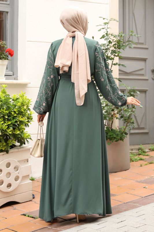 Büyük Beden Kolu Nakış İşlemeli Tesettür Ferace TSD240120 Mint Yeşili - 5