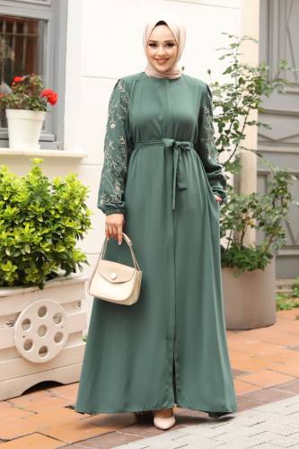 Büyük Beden Kolu Nakış İşlemeli Tesettür Ferace TSD240120 Mint Yeşili 