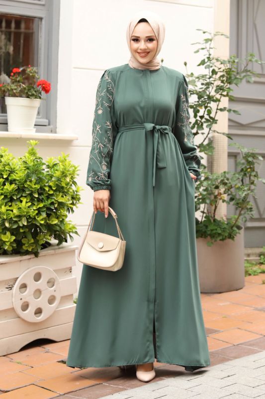 Büyük Beden Kolu Nakış İşlemeli Tesettür Ferace TSD240120 Mint Yeşili - 1